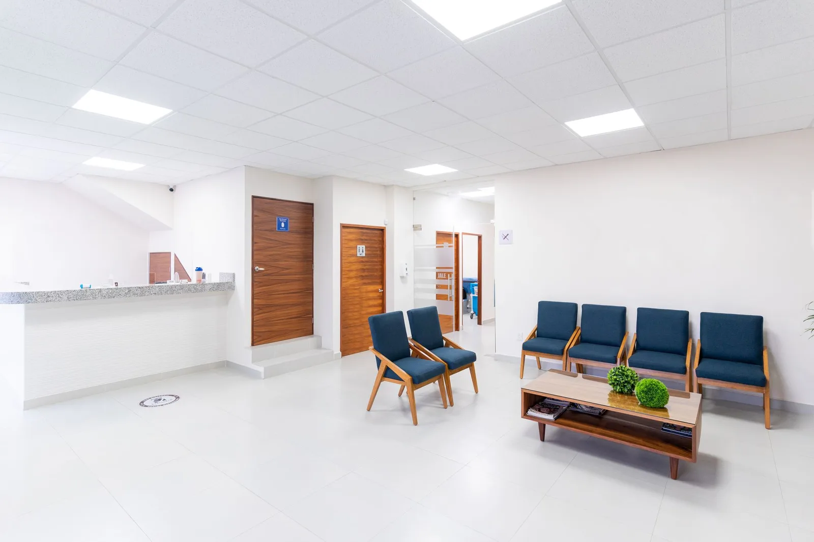 Bright, finished medical waiting room with reception counter, wood doors and seating