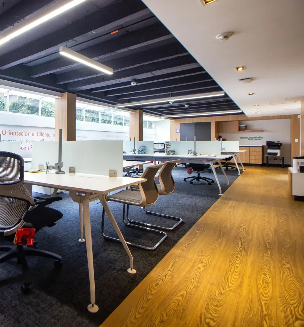Modern open-plan office with exposed ceiling, linear lighting and wood-plank flooring
